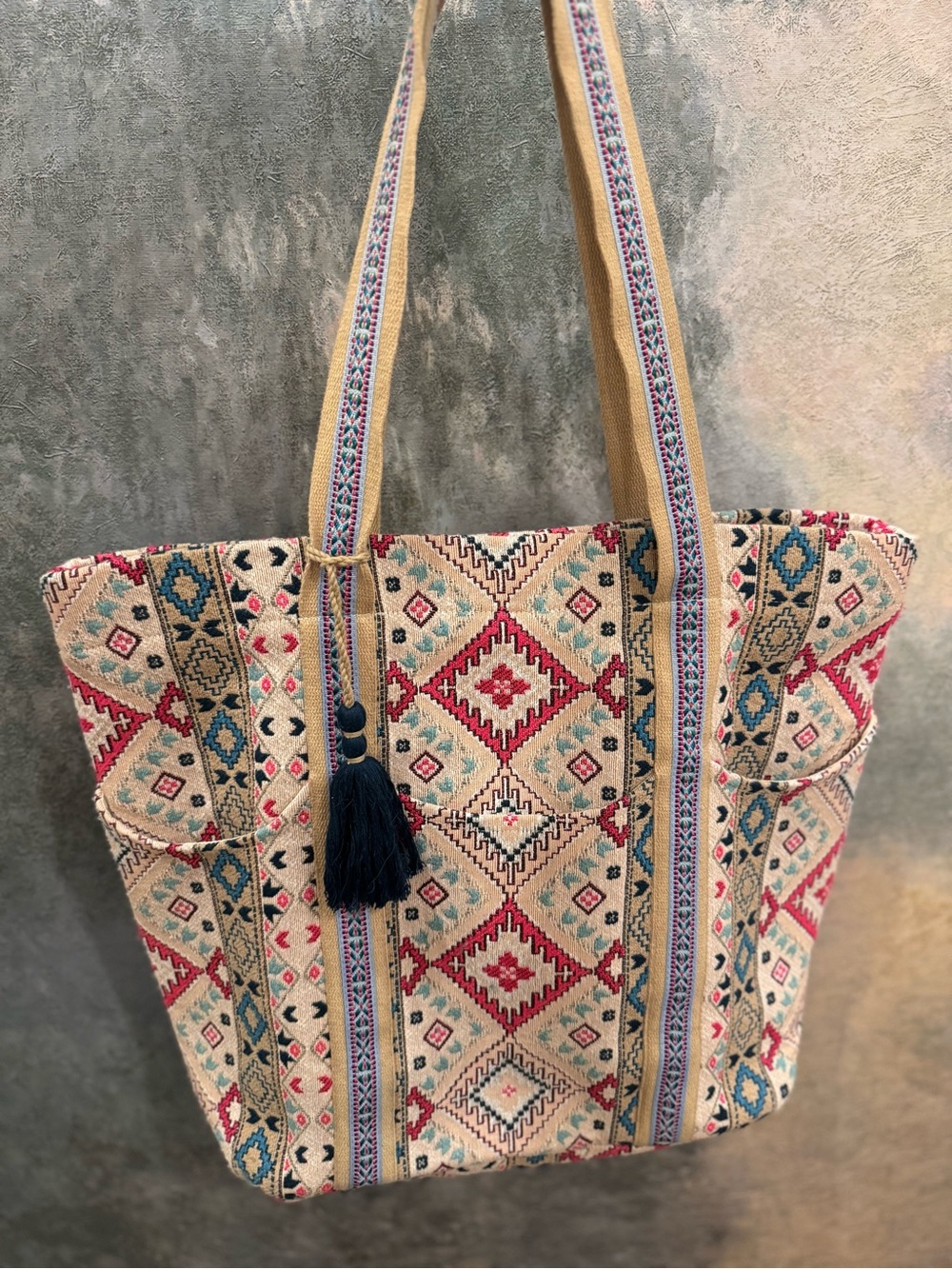 Nalini ~  Woven Tote Bag with Tassel Accent